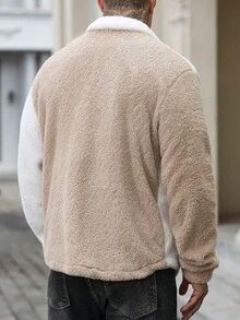 Manfinity Homme Men's Solid Color Contrast Trim Button Front Pocket Furry Long Sleeve Casual Jacket,Turtleneck Men,Men,Flannel Flannel,Winter - Multicolor - View 2