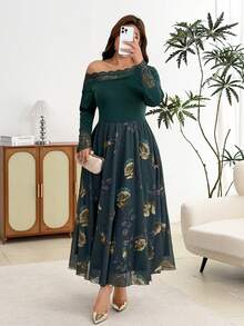 Modelyn Gaun Elegan Motif Jala Mawar, Patchwork Warna Solid, Kerah Renda, Bahu Terbuka, Lengan Panjang, Pinggang Terikat, Potongan A-Line Regular Fit Ukuran Plus untuk Musim Semi dan Gugur - Dark Green - View 6