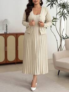 Modelyn Plus Size Women Solid Color Dress And Long Sleeve Cardigan Casual Knit Set - Apricot - View 4