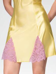 Bonmuse 1件女款性感細肩帶睡裙，絲滑緞面睡衣，蕾絲飾邊對比色睡裙，四季適用 - 黃色 - 查看 8