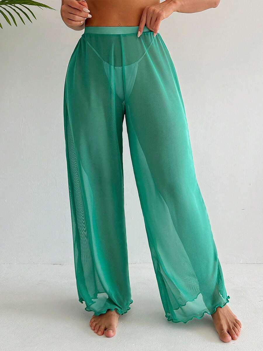 Swim Basics 女款純色彈性腰寬腿寬鬆度假罩衫褲 - 青碧色 - 查看 1