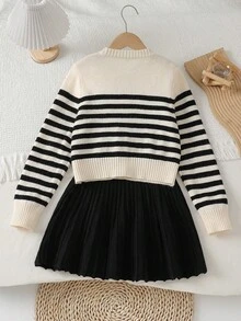 SHEIN Girls Khaki Striped Bow Knit Cardigan & Black Skirt Two Piece Set, Long Sleeve Fall Outfit, Sweet Academy Style, Back To School, Christmas Halloween - Khaki - View 2