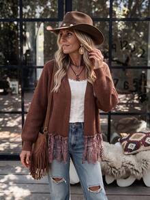 LanaWest Women's Contrast Lace Ruffle Hem Long Sleeve Casual Boho Cardigan Brunch Vacation Coffee Brown Autumn - Brown - View 3