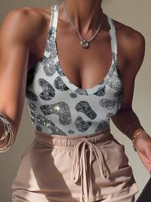 Rovax Women's Sleeveless Leopard Print Bodysuit, Fitted Summer Digital Bodysuit - Multicolor - View 7