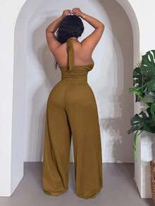 Veslaya Plus Size Summer Casual Backless Halter Top & Long Pants Set - Army Green - View 2