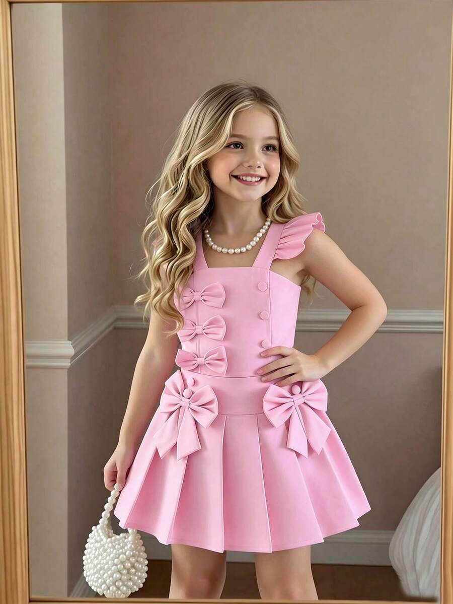 Elladie kids 少女粉色碎花边无袖露脐背心搭配褶皱蝴蝶结半裙套装，甜美优雅的夏季女童装