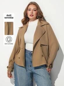 Maija Plus Size Women Solid Color Lapel NeckLong Sleeve Double-Breasted Casual Jacket Fall - Brown - View 1