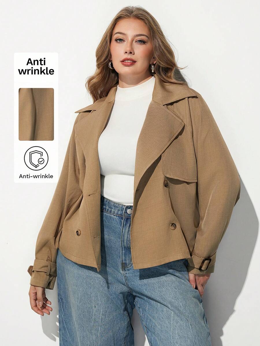 Maija Plus Size Women Solid Color Lapel NeckLong Sleeve Double-Breasted Casual Jacket Fall - Brown - View 1