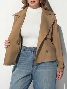 Maija Plus Size Women Solid Color Lapel NeckLong Sleeve Double-Breasted Casual Jacket Fall - Brown - View 7
