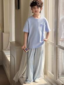 DAZY Tween Boy Summer Casual Comfortable Pocket Tee And Plaid Shorts Pajama Set Spring - Blue - View 3