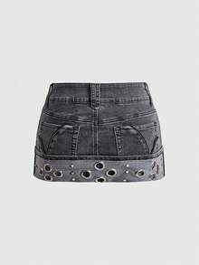 ROMWE J-Fashion Y2K辣妹風金屬孔眼復古低腰女款牛仔裙 - 灰色 - 查看 2