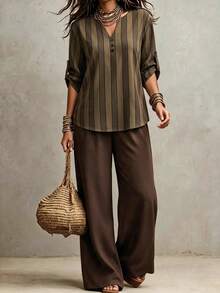 Weeklong Conjunto de 2 piezas para mujer talla grande con blusa de cuello con muesca y botones, estampado floral y Bottom de unicolor en contraste, estampado aleatorio - Multicolor - Ver 1