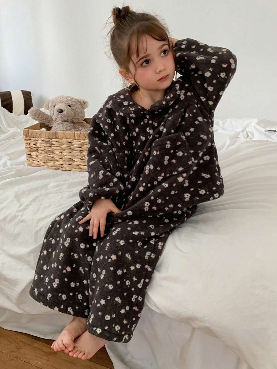 Hapijoa Girls' 2 Pieces Peter Pan Collar Princess Floral Long Sleeve Straight Leg Pants Set, Autumn/Winter Loungewear (Small) - Camel - View 1