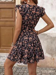 Brillora Summer Beach Vacation Paisley Print Ruffle Trim Belted Nashville Short Dress Black And Orange Boho Cute - Black - View 2
