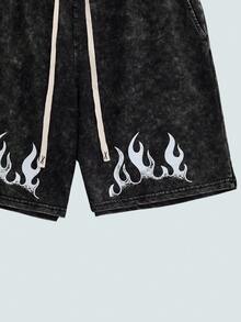 Modcrash Plus Size Men's Casual Distressed Flame Print Shorts, Minimalist Pattern, Suitable For School And Daily Wear - Black - View 7