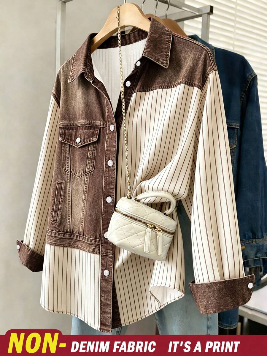Resyla Plus Size Summer Striped Patchwork Vintage Faux Print Shirt - Multicolor - View 1
