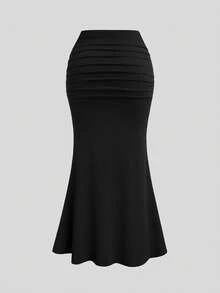Sweetra Plus Size Women's Soft Matte Solid Color Polka Dot Skirt, High Waist Ruched Design Mermaid Tail Skirt, Body-Hugging Slim Fit Hip-Flattering Concealing Flattering Height-Enhancing Elegant Drape Versatile Skirt, High Waist Ruched Mermaid Tail Skirt, Solid Color Polka Dot Slim Fit Hip-Flattering Skirt - Black and White - View 4