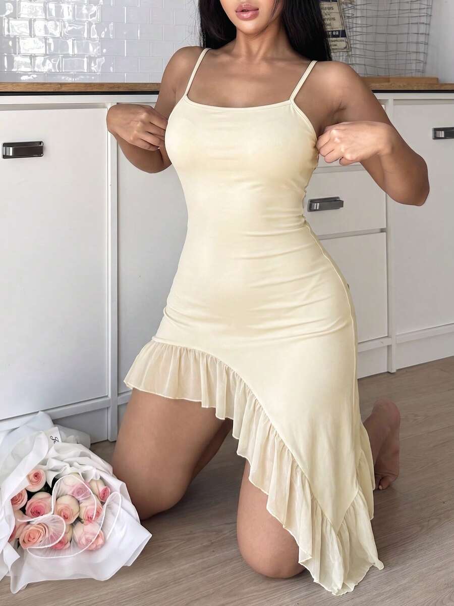 DUSKBASE Camisón sexy para mujer con volantes románticos en el bajo - Albaricoque - Ver 1