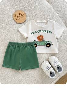 Newborn Baby Cute Knitted Cartoon Pattern Short Sleeve T-Shirt & Shorts Set - Apricot - View 5