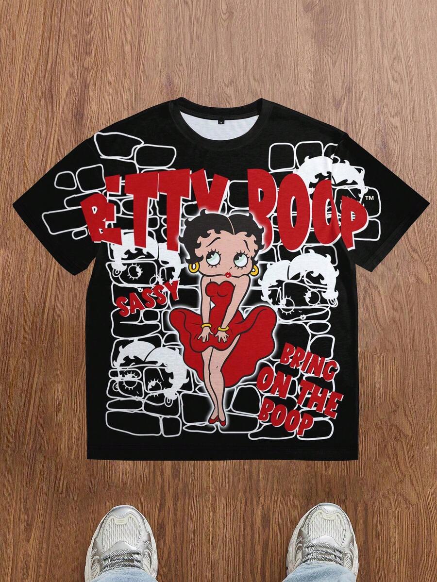 Betty Boop x SHEIN Men's Round Neck Fashionable Printed Casual T-Shirt - White - View 1