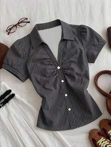 Comfortcana Women's Casual Ruched Short Sleeve Striped Shirt, Commute, Summer Clothing, Streetwear, Suitable For Daily Commute, Dating, Gathering, Autumn/Winter, Summer, Party, Wedding, Beach, Graduation Ceremony, Elegant, Casual, Outing, Y2K, Music Festival Outfit, Holiday Clothing, Back To School Outfit - Multicolor - View 3
