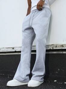 Major Grit Men's Plus-Size Grey Casual Autumn Sweatpants, Street-Style Loose Joggers, Y2K Retro Flared Pants - Light Grey - View 4