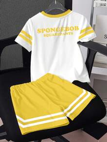 SpongeBob SquarePants | SHEIN Young Boy Cartoon Print T-Shirt And Shorts Set - White - View 2