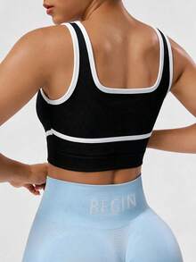 SHEIN Sports Women's Piped Trim Daily Fitness Cropped Sports Tank Top - Black - View 2
