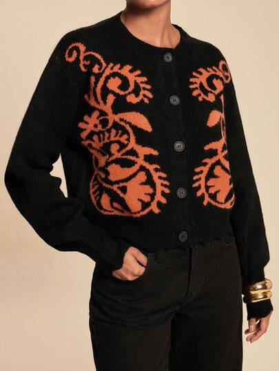 Travachic Damen Strick-Cardigan mit Muster, langen Ärmeln und einreihiger Knopfleiste, lässig