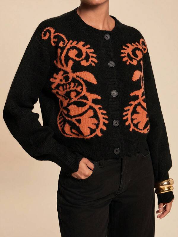 Travachic Damen Strick-Cardigan mit Muster, langen Ärmeln und einreihiger Knopfleiste, lässig