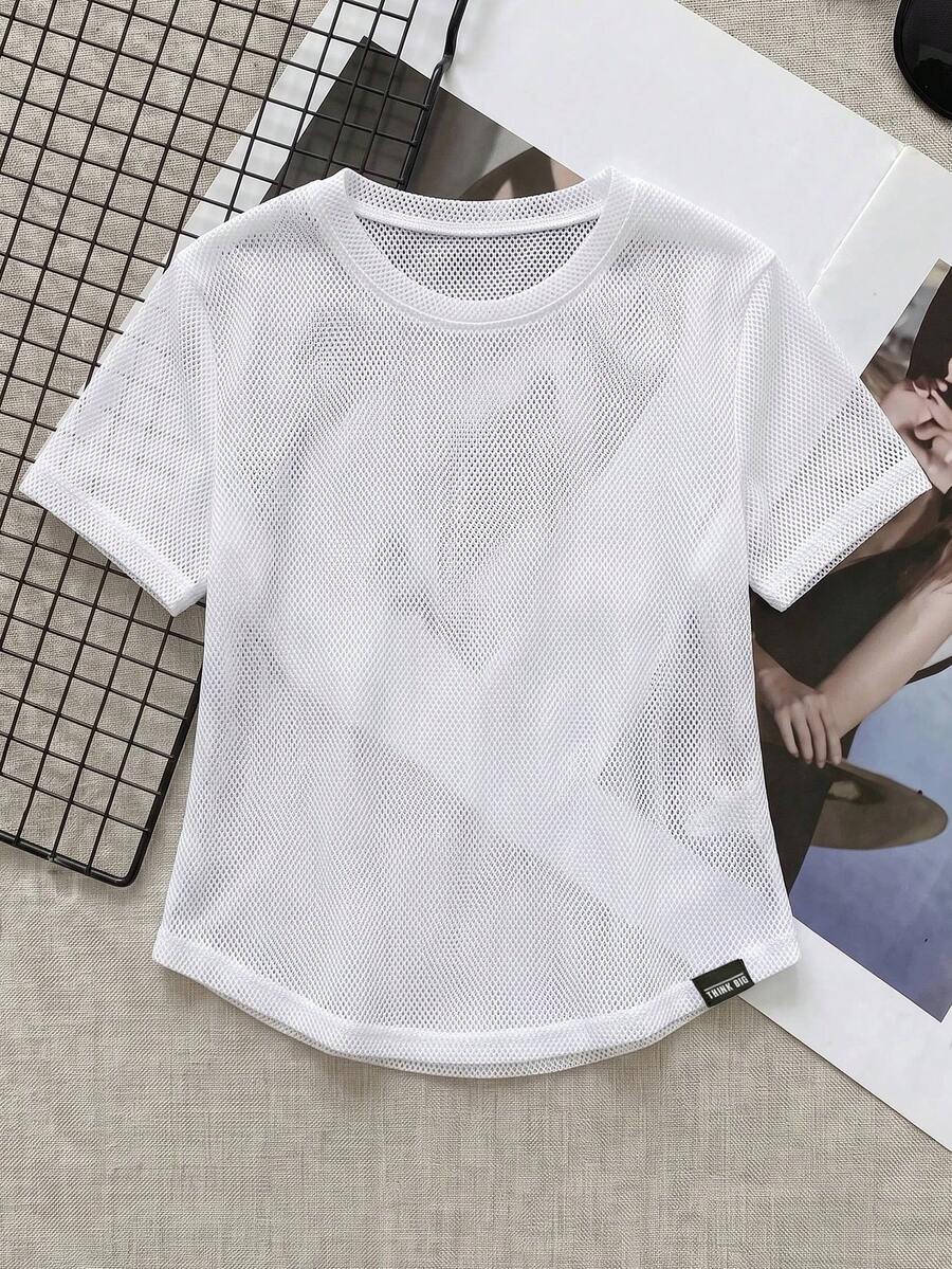 SHEIN Cheerettes Women's Plus Size Simple Versatile Crew Neck Short Sleeve Sports T-Shirt White Breathable Moisture Wicking Sheer Athletic For Gym Running Camise