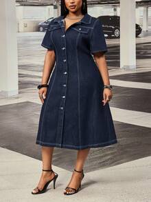 Slaydiva Plus Size Women Non-Stretch Denim Dress Cowboy Outfits For Women - Dark Wash - View 3