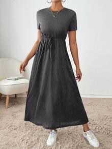 SHEIN Essnce Gaun Wanita Lengan Pendek Kasual Kerah Bulat Warna Polos dengan Kantong Lipat - Dark Grey - View 5