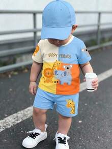 男嬰休閒簡約卡通動物印花短袖T恤與短褲套裝，適合夏季 - 彩色 - 查看 3