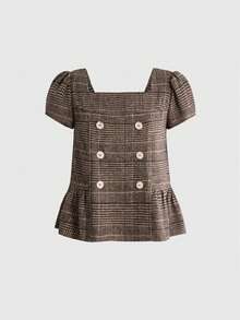 Sweetness Autumn/Winter Women's Vintage Plaid Double-Breasted Shirt Top With Flared Hem - Brown - View 1