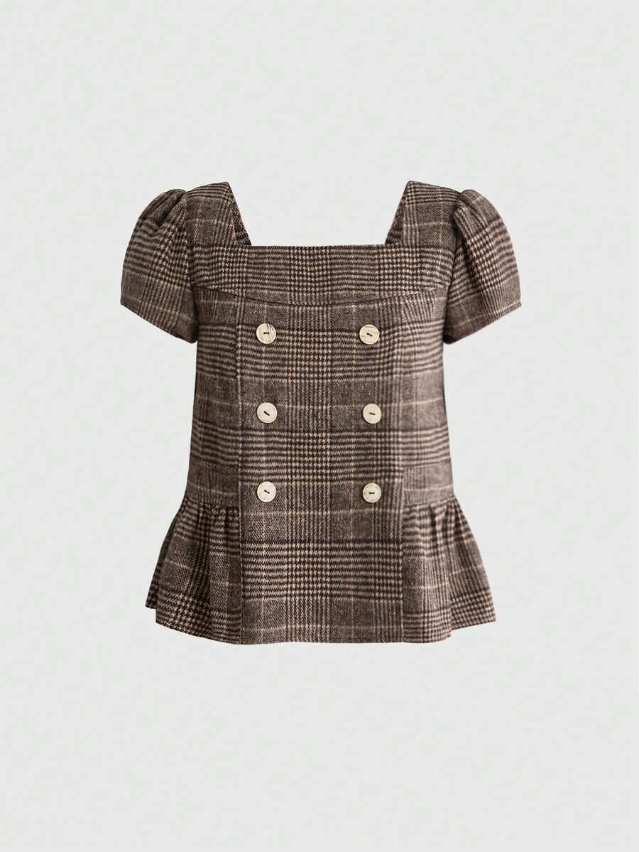 Sweetness Autumn/Winter Women's Vintage Plaid Double-Breasted Shirt Top With Flared Hem - Brown - View 1