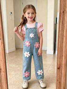 Elladie kids 新款4-7岁女童春夏圆领短袖T恤和牛仔背带裤套装，刺绣贴片设计，适合休闲、度假、上学、户外活动 - 粉色 - 查看 4