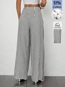 SHEIN PETITE 女款極簡休閒時尚返校季復古條紋高腰紋理寬腿長褲 - 黑與白 - 查看 2