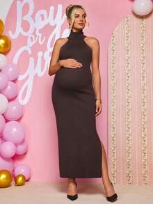 Loomaby Gaun Hamil Polos Serbaguna dengan Belahan Samping dan Leher Halter, Gaun Musim Gugur, Gaun Pengungkapan Jenis Kelamin Bayi, Gaun Hamil, Gaun untuk Acara Baby Shower - Coffee Brown - View 9