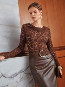 Anewsta Spring/Autumn Deep Brown Draped Neck Hollow Floral Lace Fitted Long Sleeve Sheer Commute Date Layering Inner Wear Women's T-Shirt - Brown - View 1