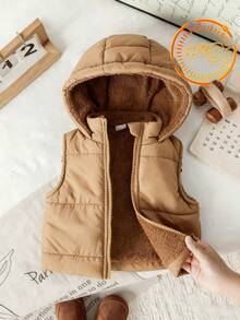 SHEIN Playful Pals 男嬰巧克力棕色連帽填充背心 秋冬保暖冬裝 幼兒舒適韓系外套 約會外出穿搭 3個月至3歲適用 - 駝色 - 查看 1