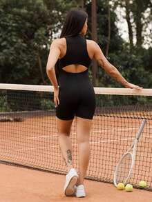 Maju Mazalli 女款純色無袖立領夏季運動連身褲 黑色 - 黑色 - 查看 3
