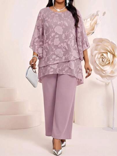 Fleurora Plus Size Women's Floral Print 3/4 Sleeve Blouse And Pants Elegant Casual 2 Pieces Set Office Formal Club Maroon Burgundy Autumn