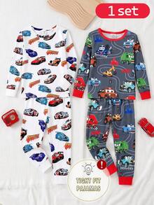 SHEIN 2件組秋冬男童幼兒貼身睡衣套裝，可愛卡通酷車挖掘機工程車印花，柔軟高彈長袖 - 彩色 - 查看 1