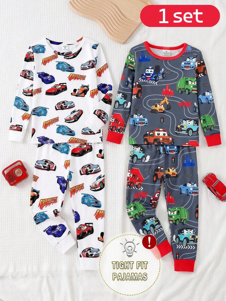 SHEIN 2件組秋冬男童幼兒貼身睡衣套裝,可愛卡通酷車挖掘機工程車印花,柔軟高彈長袖 - 彩色 - 查看 1
