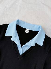 兒童青少年女孩夏季新款黑白配色拼接 2 合 1 拼接 Polo 領短袖 T 恤，休閒學院風 - 黑色 - 查看 4