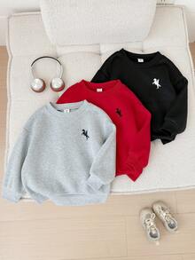 SHEIN 男童舒適休閒寬鬆小馬印花圓領長袖運動衫上衣 - 彩色 - 查看 4
