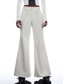 LYSMO Women's Casual Versatile Daily Wear Flare Leg Pants With Pockets And Buttons - Beige - View 3