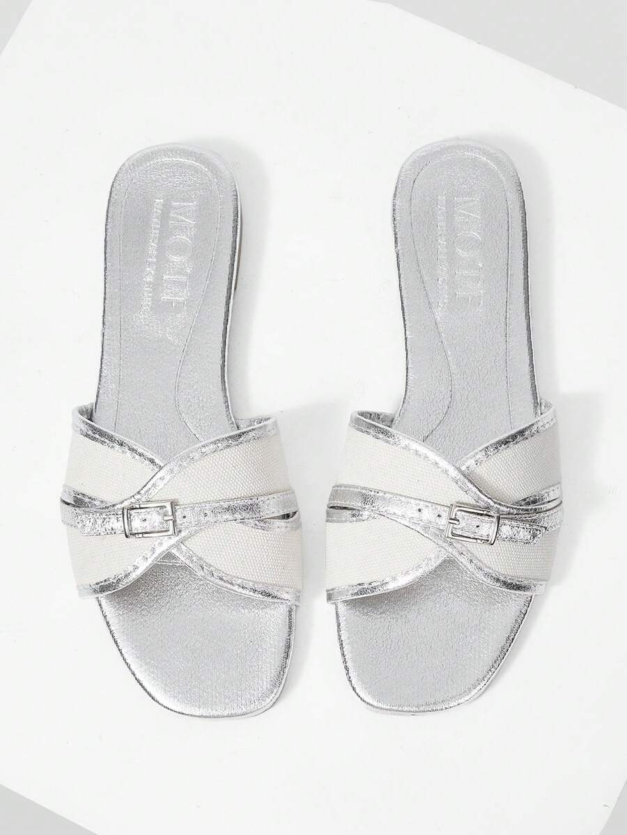 MOTF LADIES SWEET COLOR MATCH BUCKLE BURST SILVER FLAT SANDALS - Burst Silver - View 2