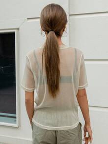 DAZY Semi Sheer Mesh Top Without Bra Going Out Tops Festival Thin Clothing - Apricot - View 2